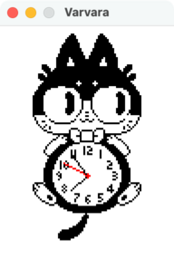 An application window showing a cat holding a clock